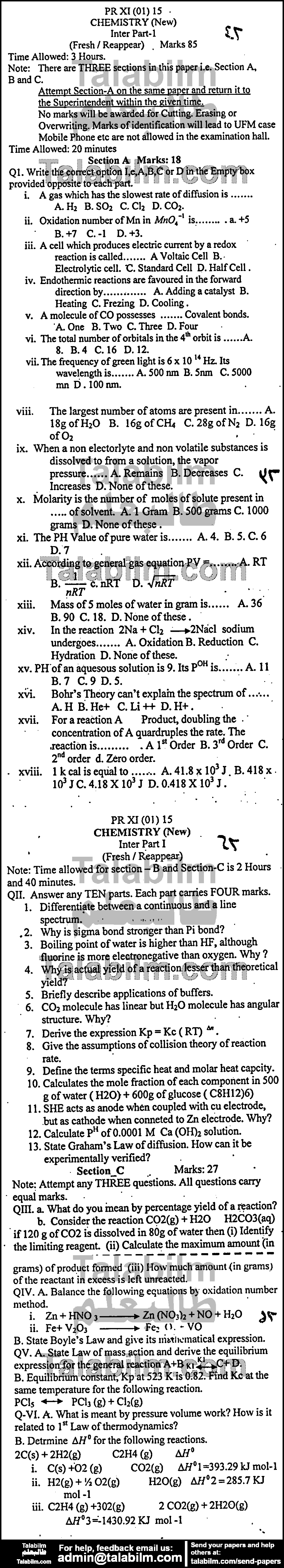 Chemistry 0 past paper for Group-I 2015