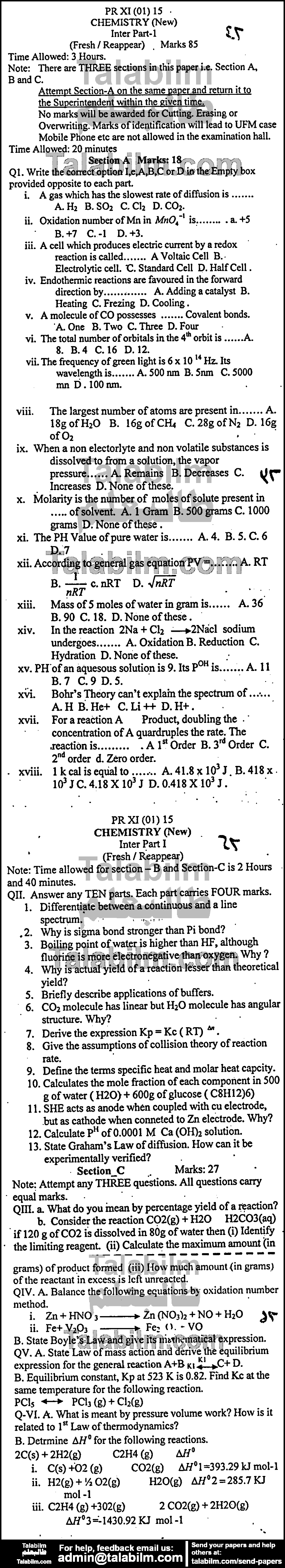 Chemistry 0 past paper for Group-I 2015