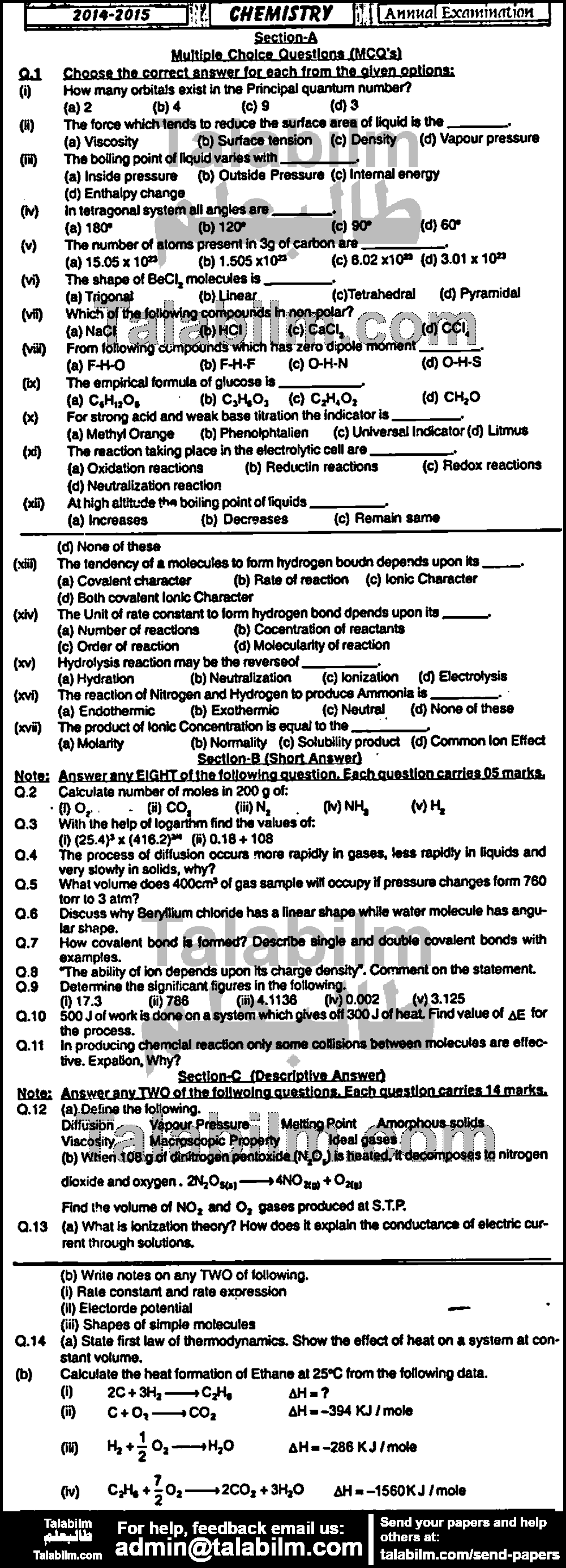 Chemistry 0 past paper for Group-I 2015