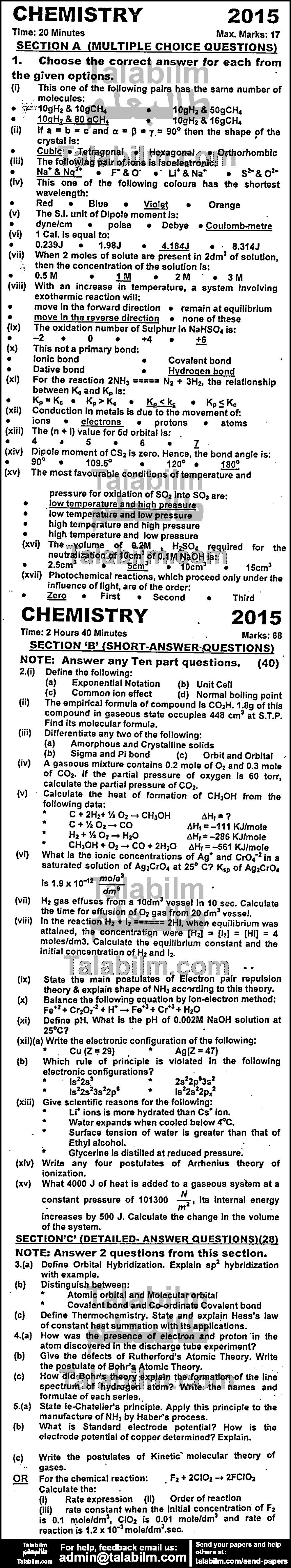 Chemistry 0 past paper for Group-I 2015