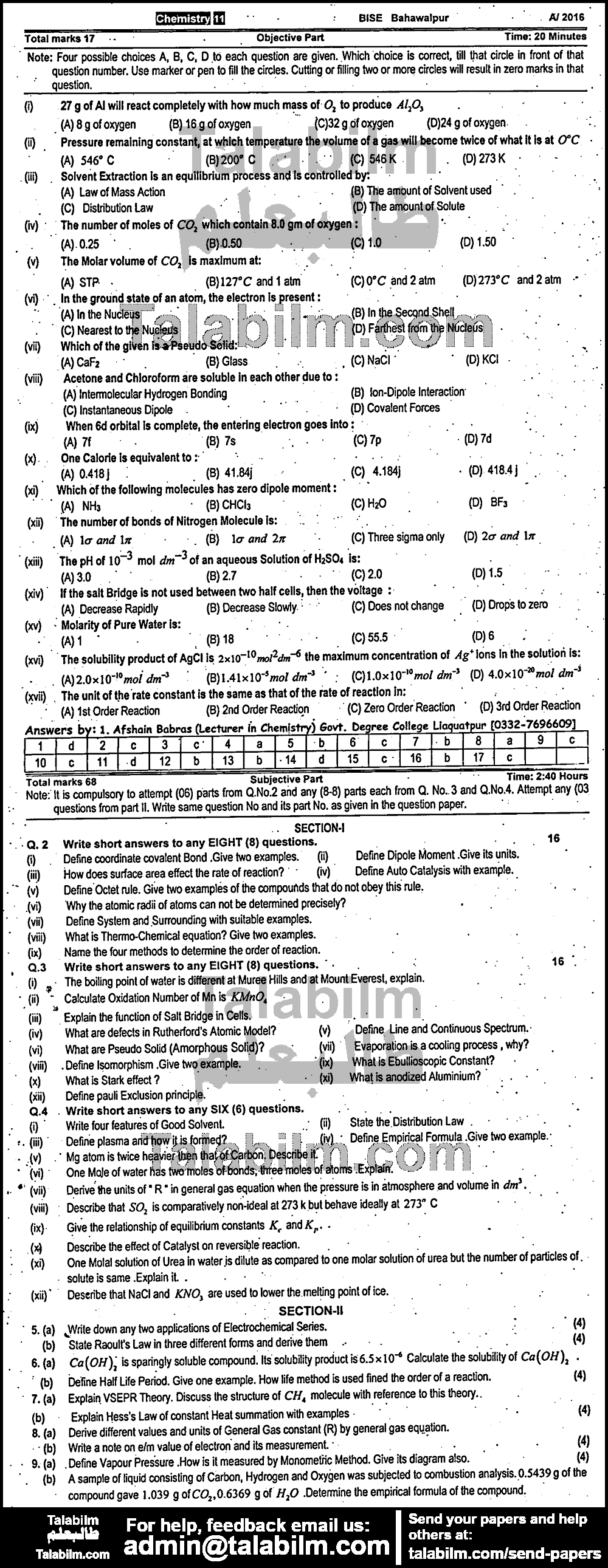 Chemistry 0 past paper for Group-I 2016