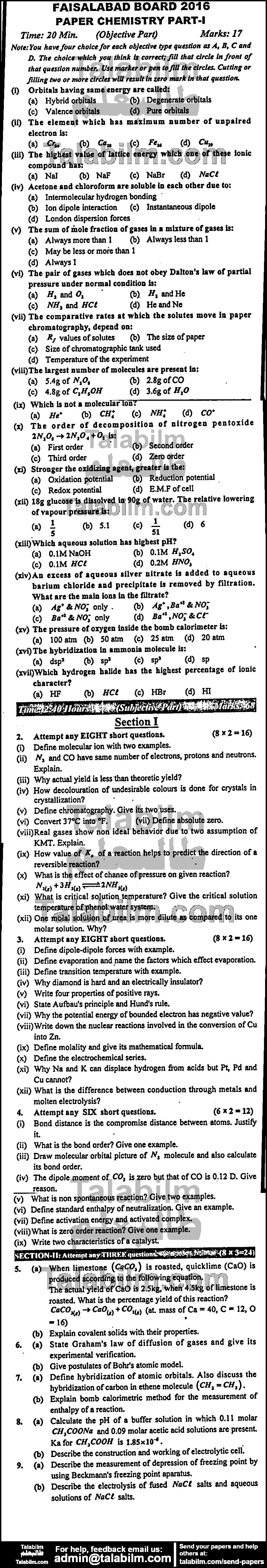 Chemistry 0 past paper for Group-I 2016