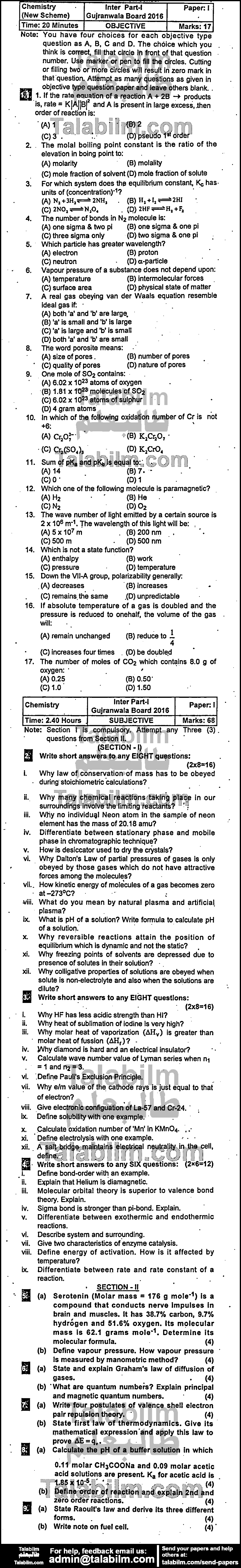 Chemistry 0 past paper for Group-I 2016