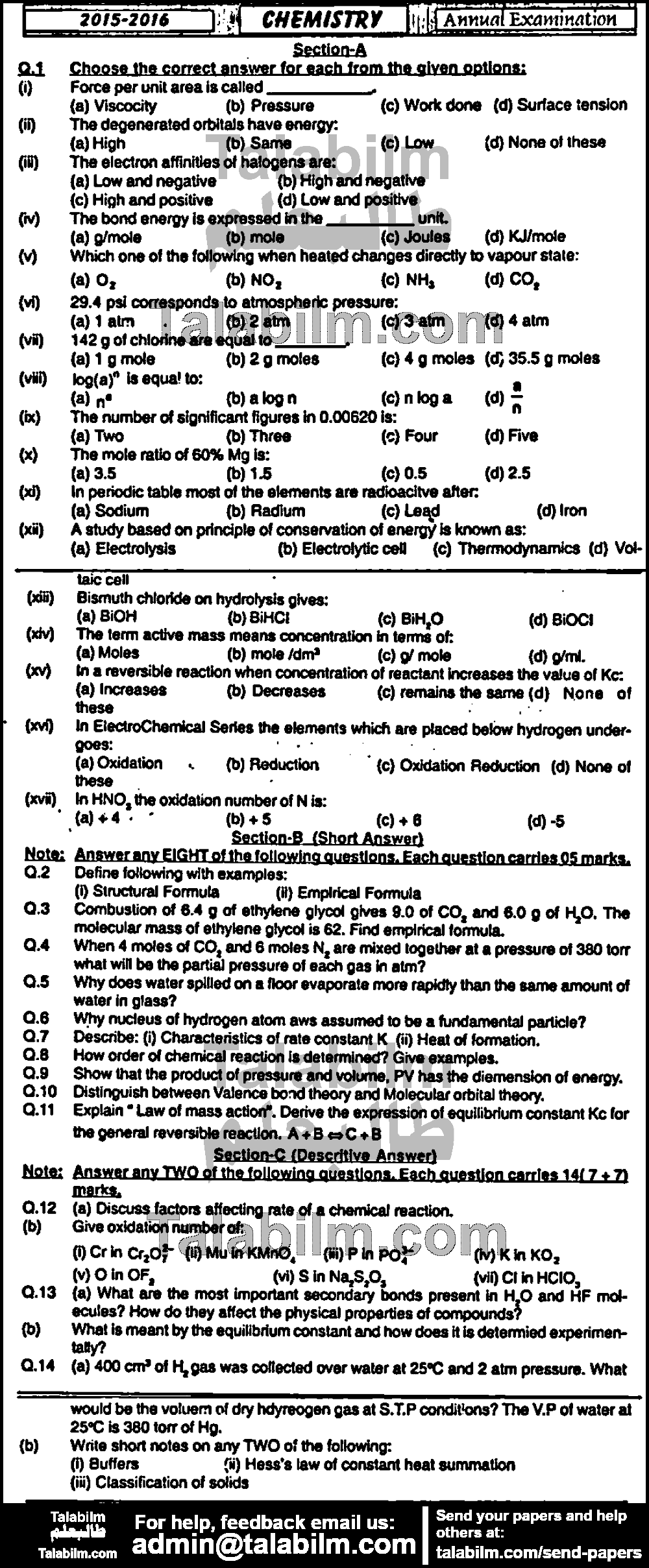 Chemistry 0 past paper for Group-I 2016