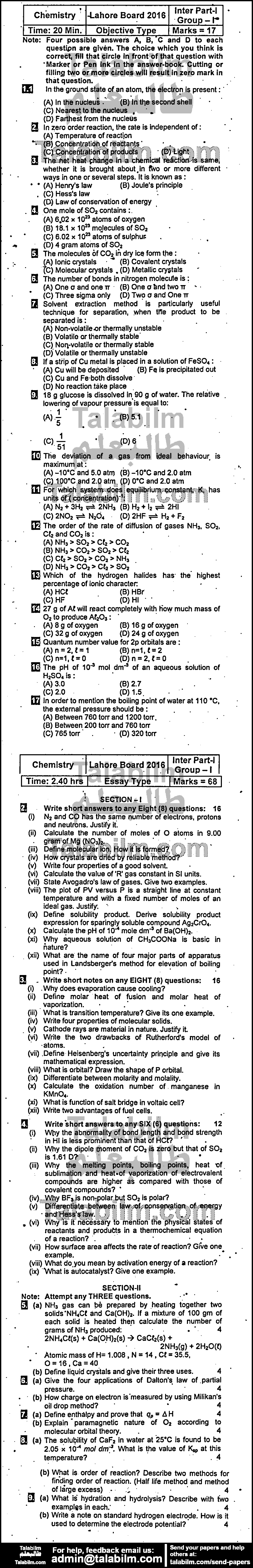 Chemistry 0 past paper for Group-I 2016