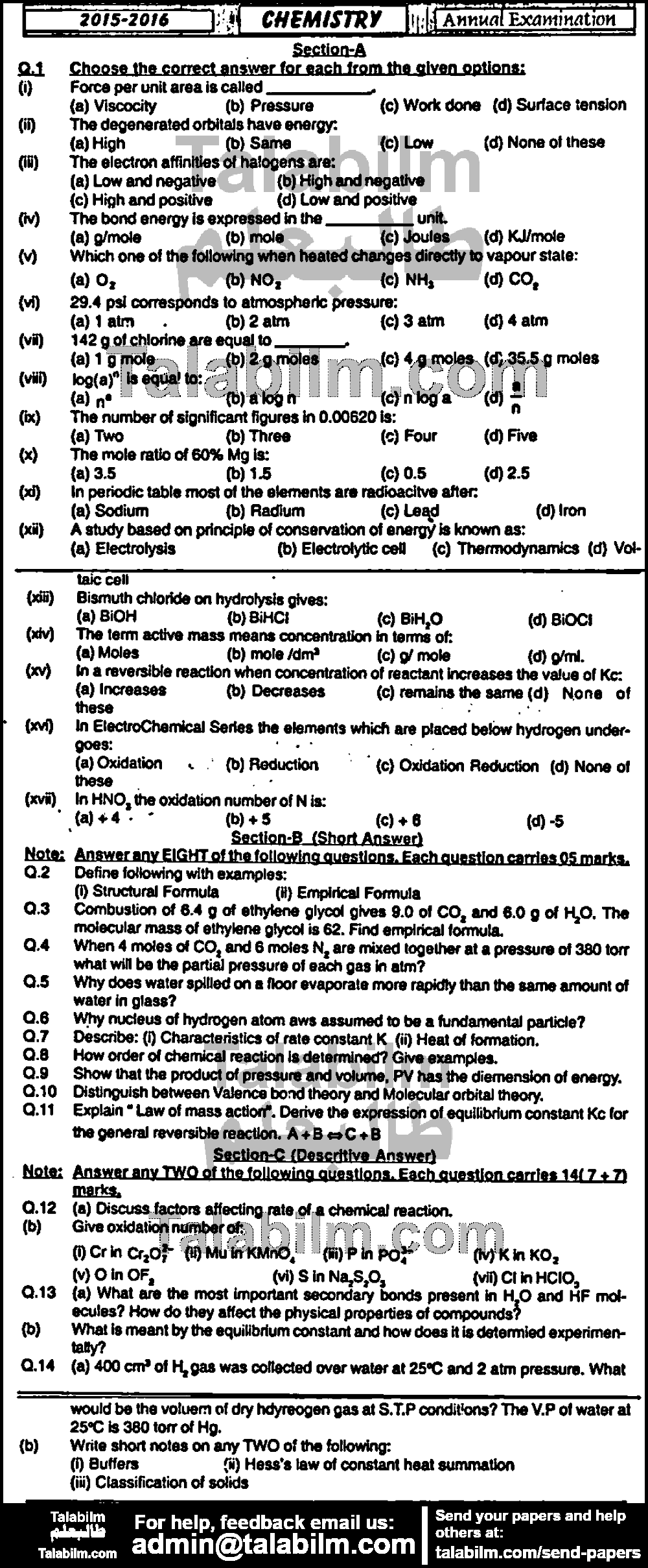 Chemistry 0 past paper for Group-I 2016