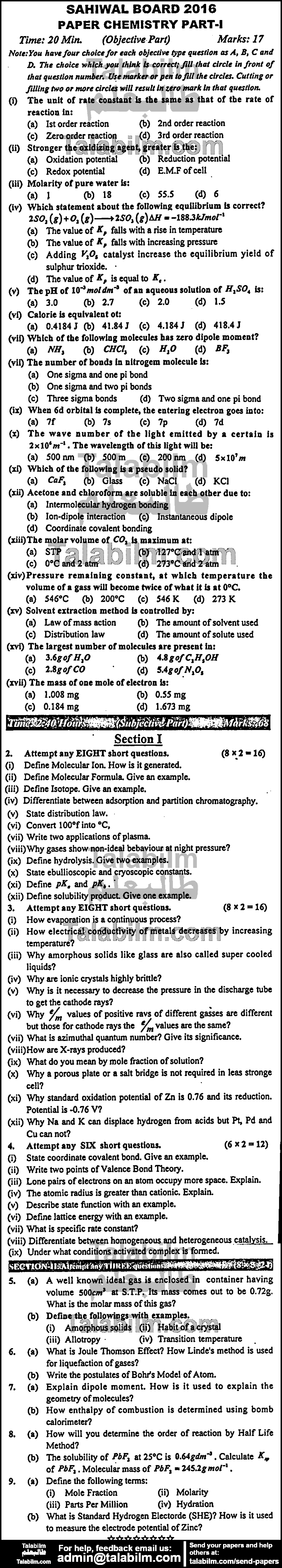 Chemistry 0 past paper for Group-I 2016