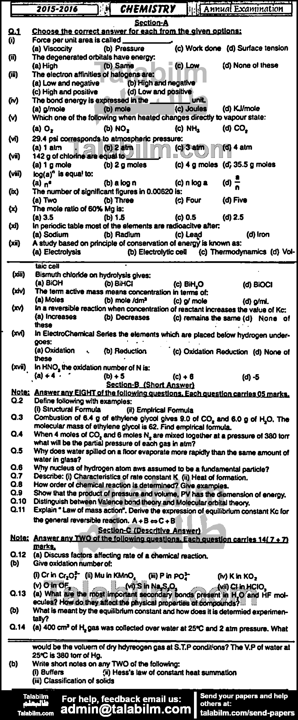 Chemistry 0 past paper for Group-I 2016