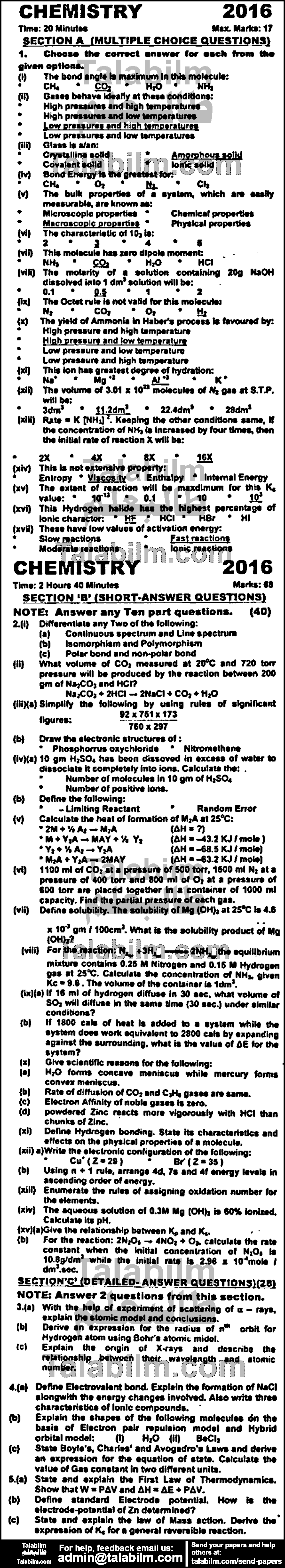 Chemistry 0 past paper for Group-I 2016