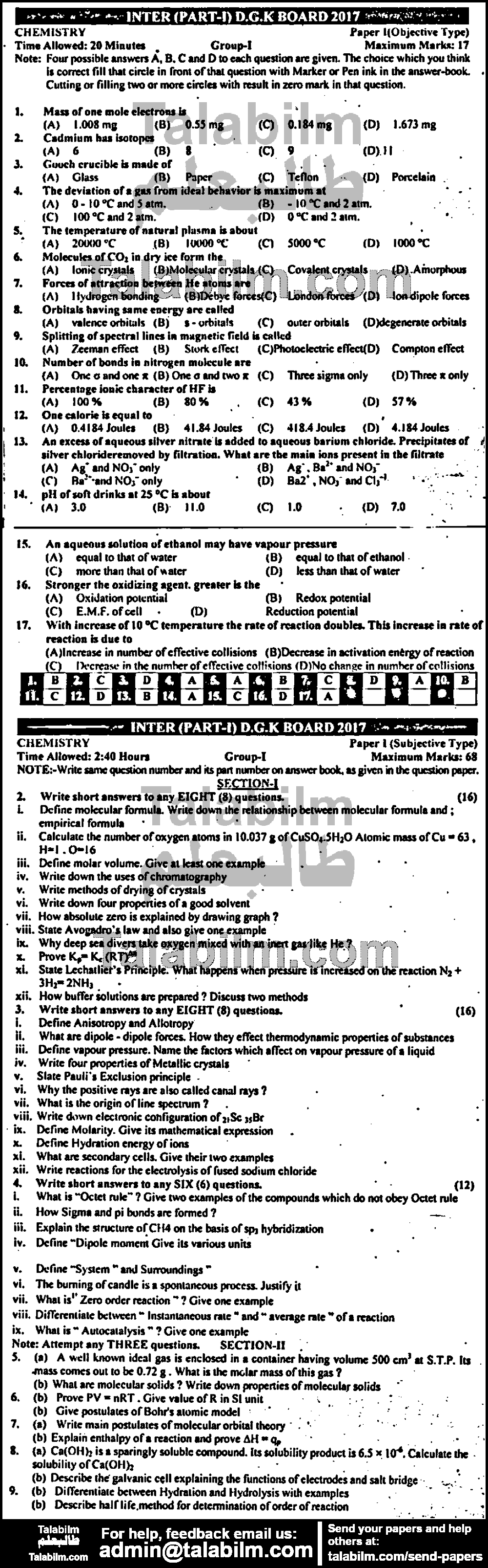 Chemistry 0 past paper for Group-I 2017