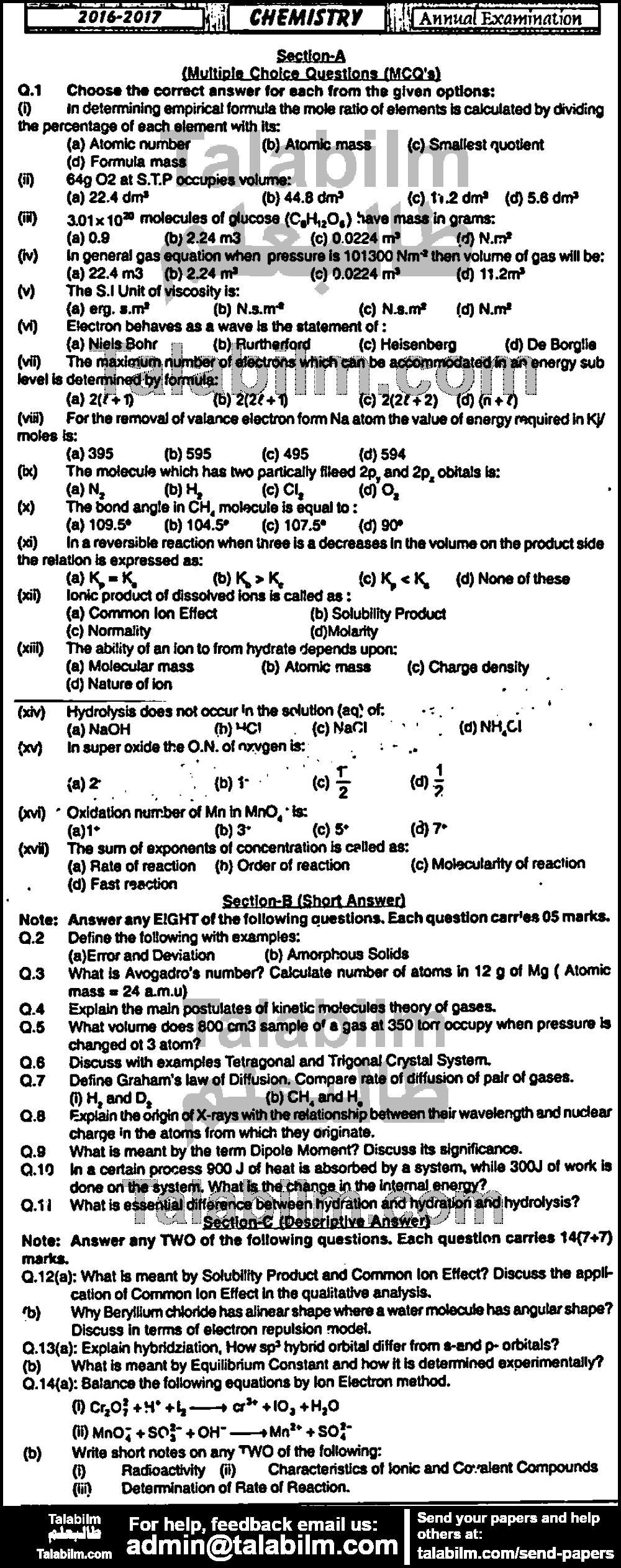 Chemistry 0 past paper for Group-I 2017