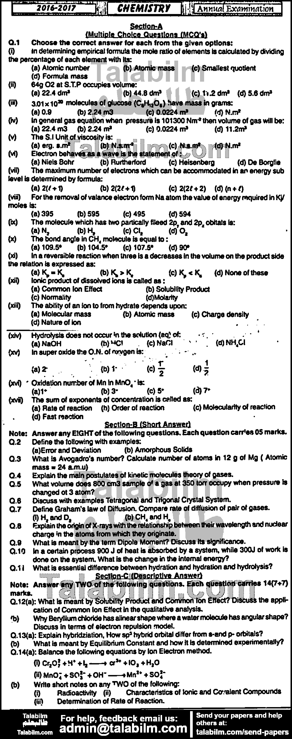 Chemistry 0 past paper for Group-I 2017