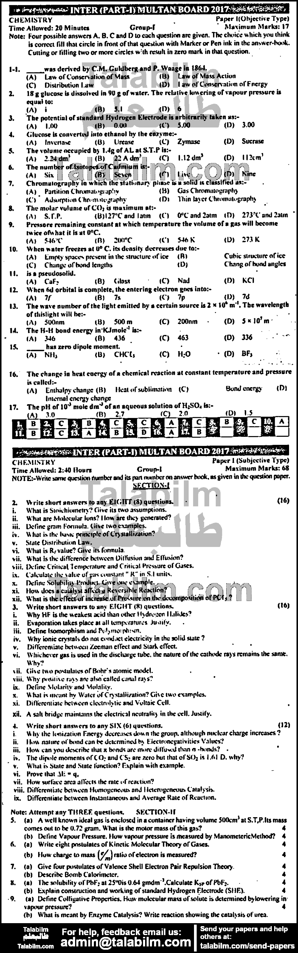 Chemistry 0 past paper for Group-I 2017