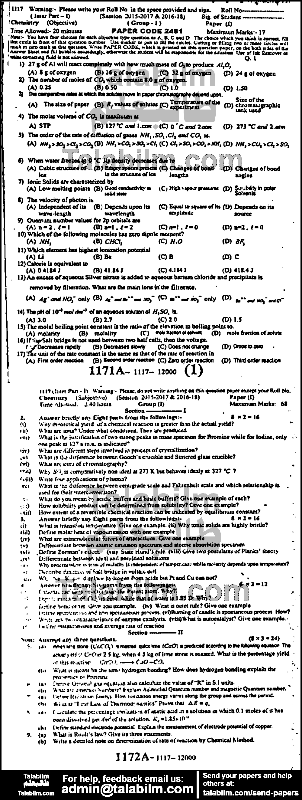 Chemistry 0 past paper for Group-I 2017