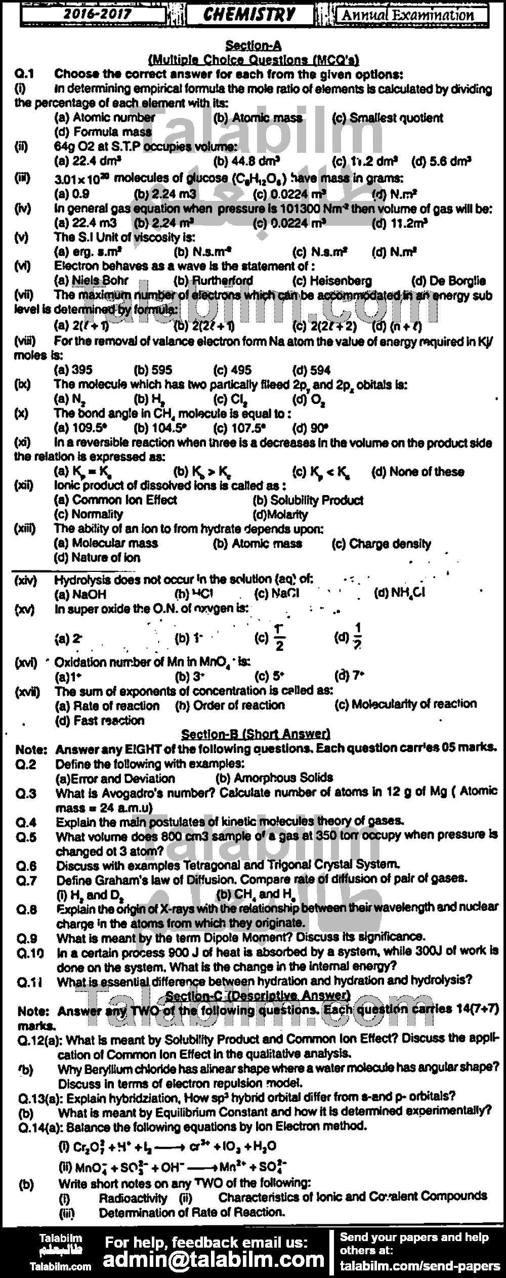 Chemistry 0 past paper for Group-I 2017