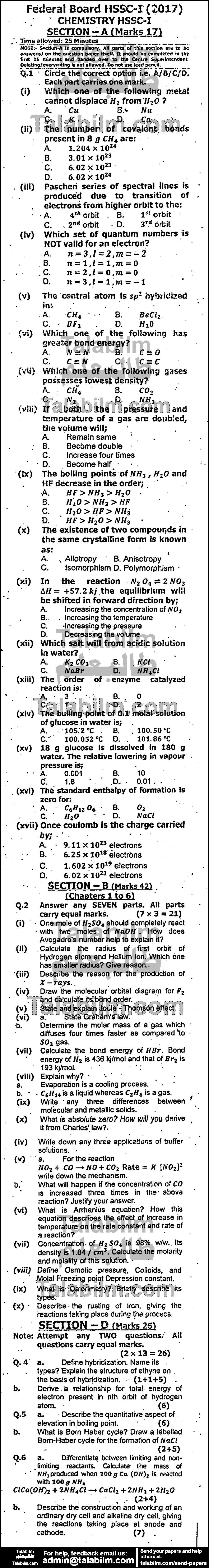 Chemistry 0 past paper for Group-I 2017