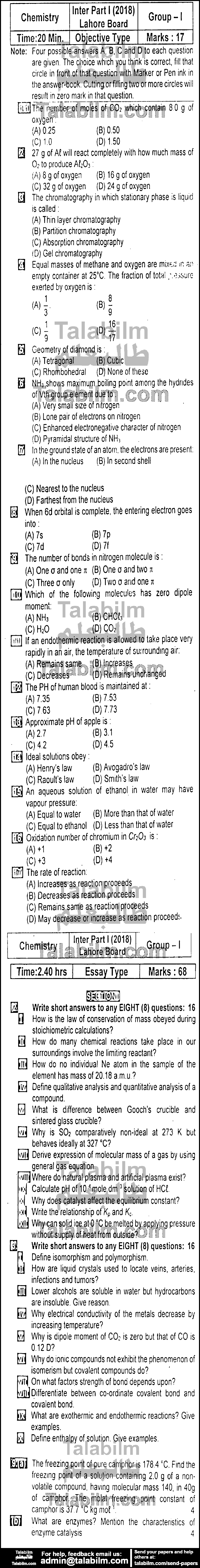 Chemistry 0 past paper for Group-I 2018