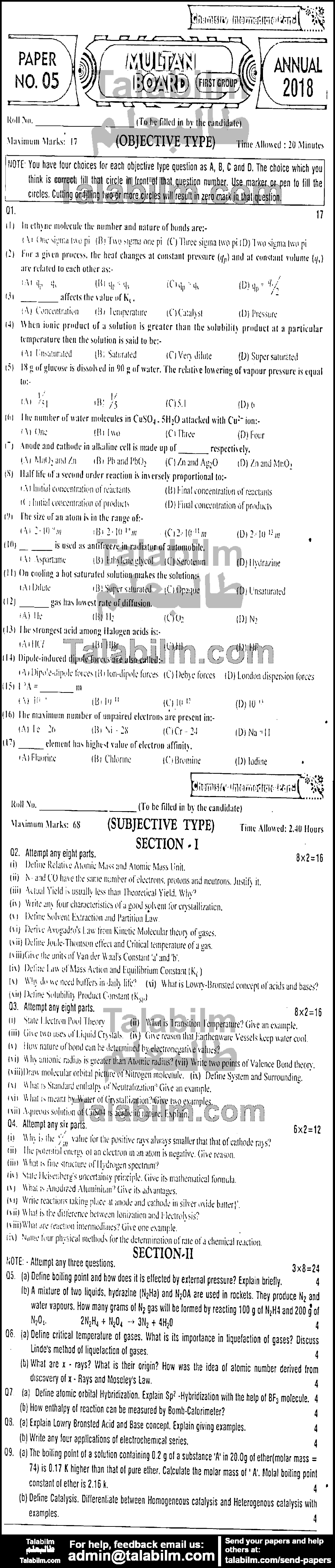 Chemistry 0 past paper for Group-I 2018