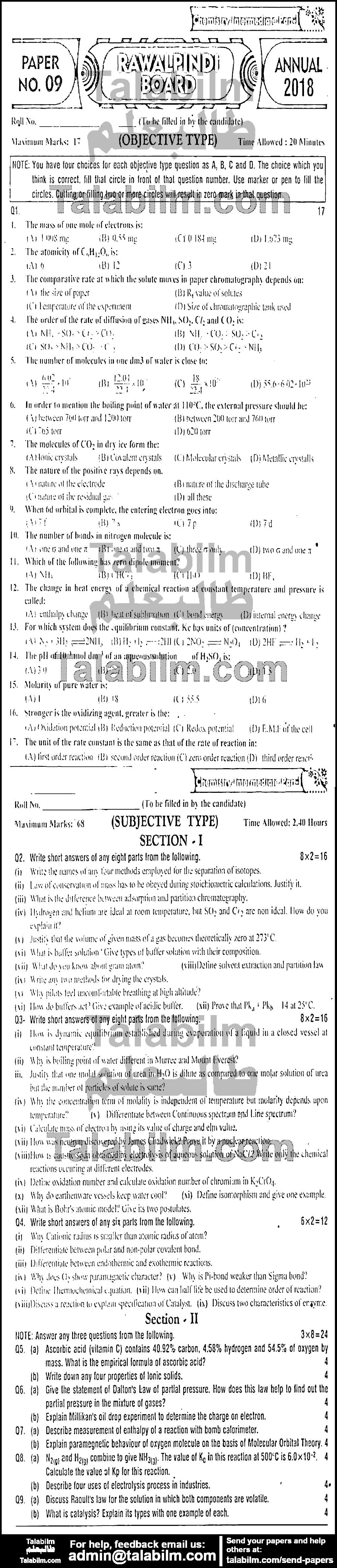 Chemistry 0 past paper for Group-I 2018