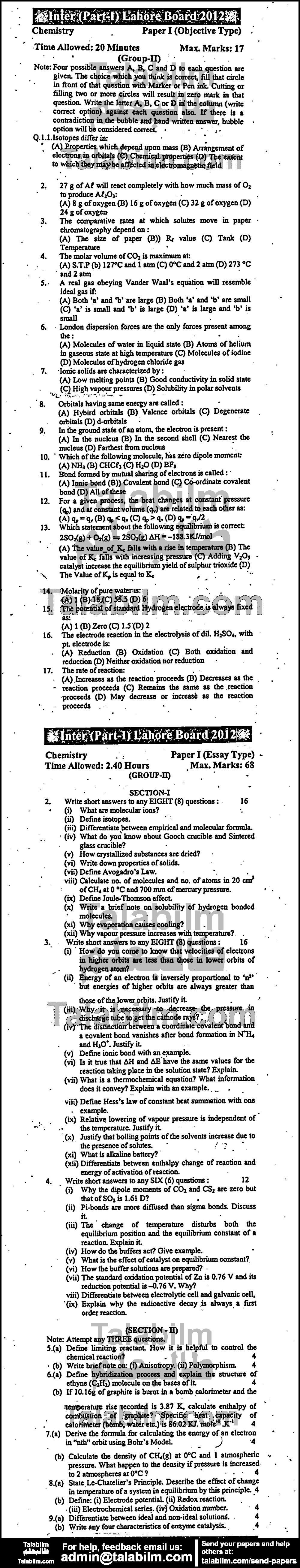 Chemistry 0 past paper for Group-II 2012