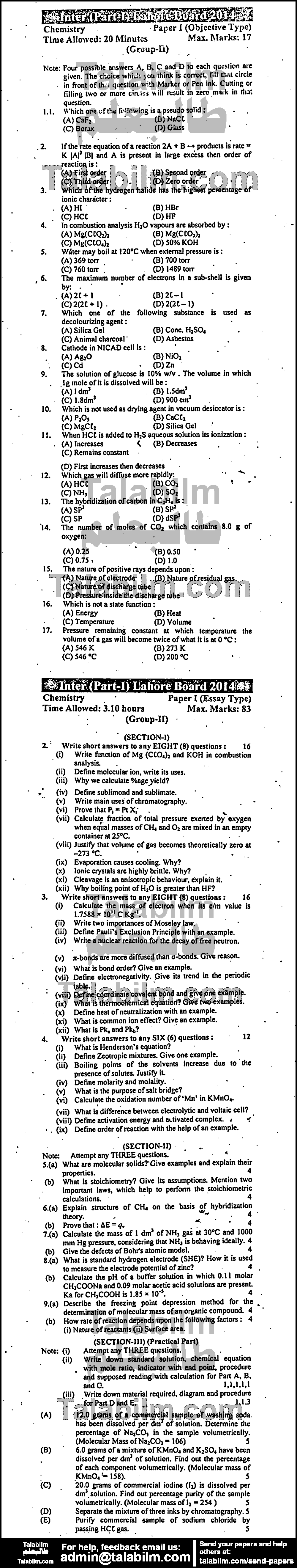 Chemistry 0 past paper for Group-II 2014