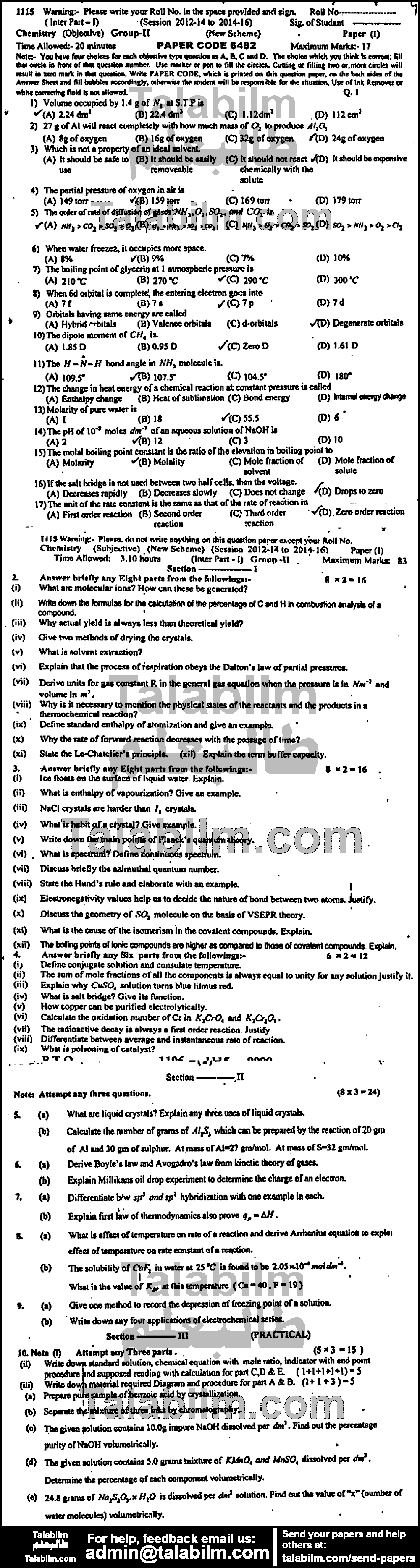 Chemistry 0 past paper for Group-II 2015