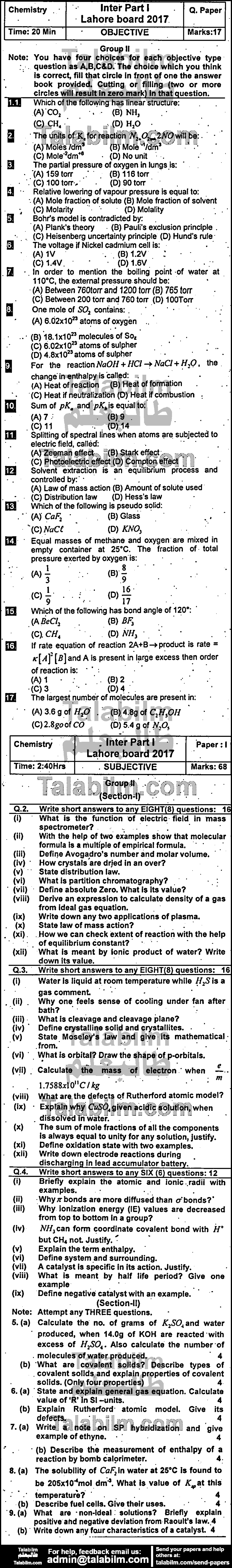 Chemistry 0 past paper for Group-II 2017