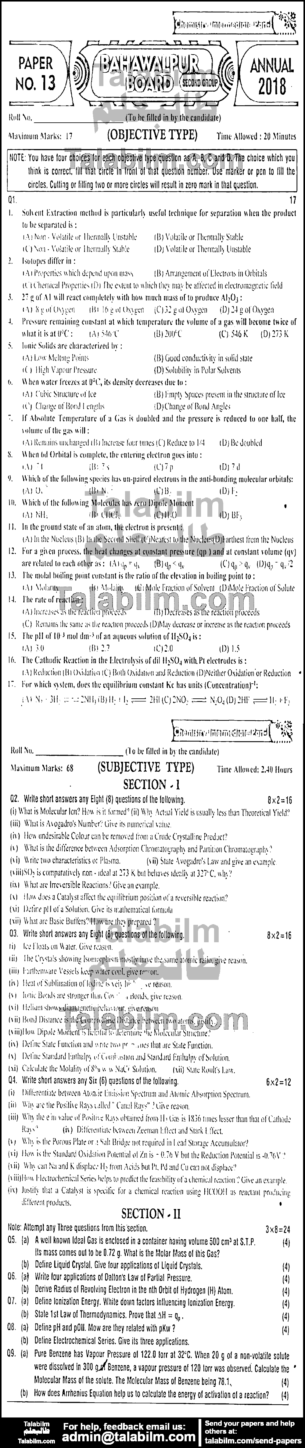 Chemistry 0 past paper for Group-II 2018