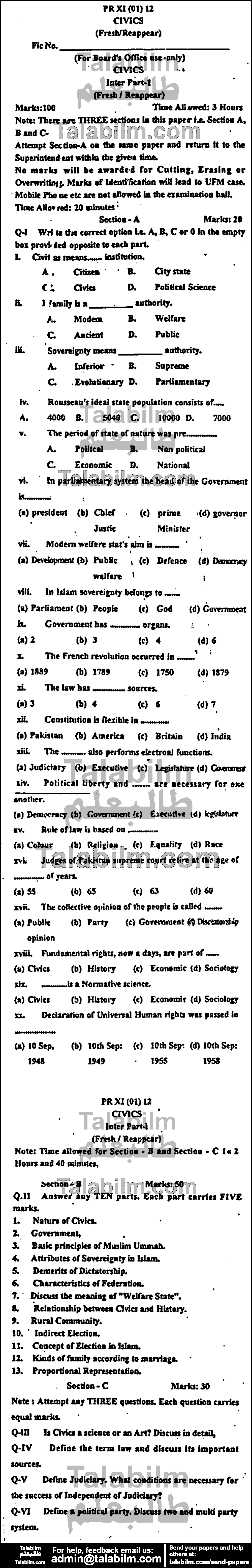 Civics 0 past paper for Group-I 2012