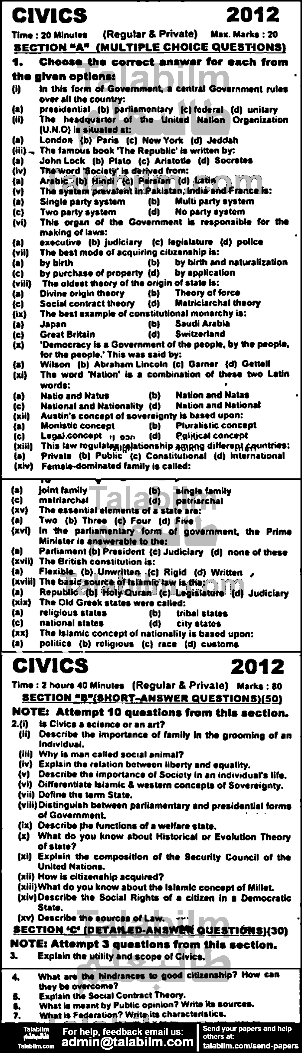 Civics 0 past paper for Group-I 2012