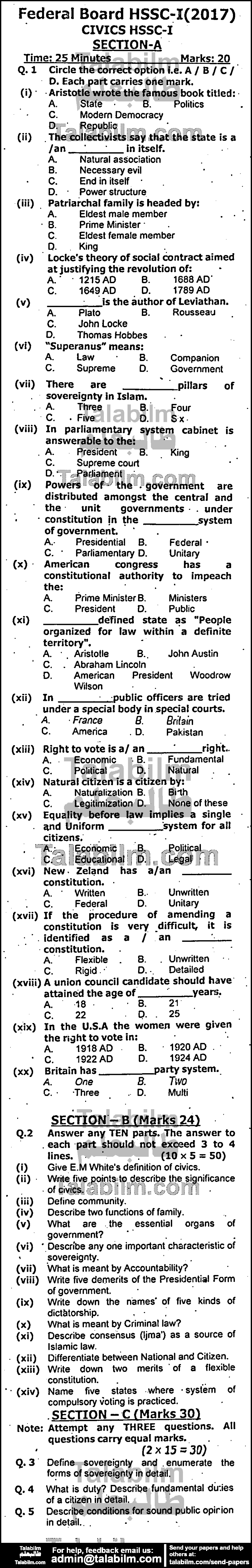 Civics 0 past paper for Group-I 2017