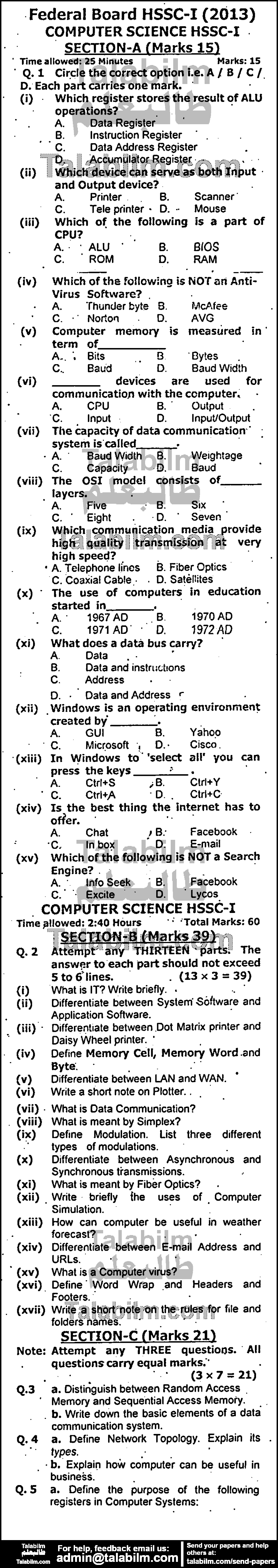 Computer Science 0 past paper for Group-I 2013