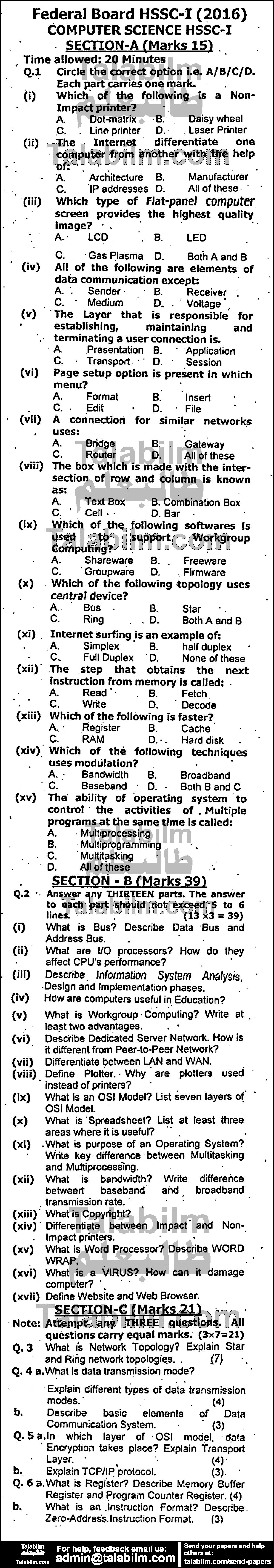 Computer Science 0 past paper for Group-I 2016