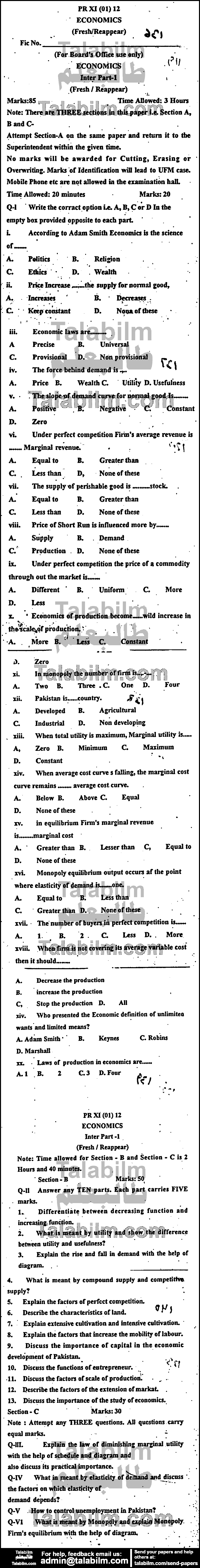 Economics 0 past paper for Group-I 2012