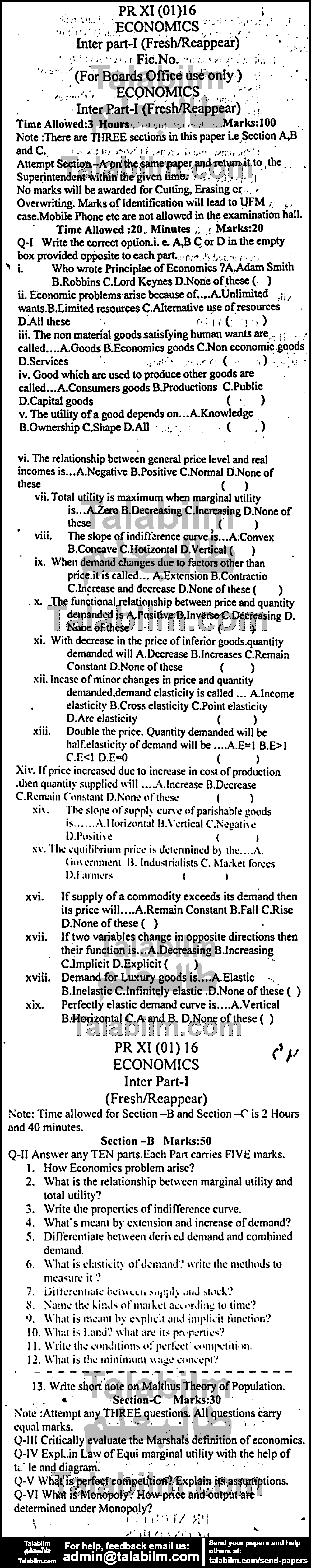 Economics 0 past paper for Group-I 2016