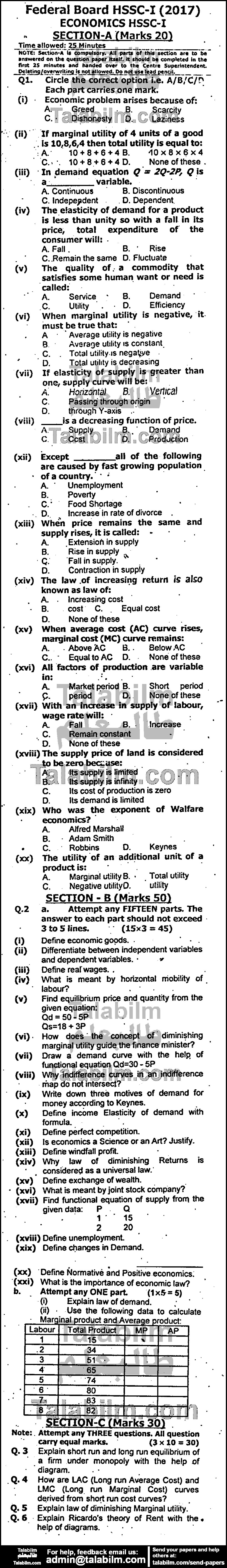 Economics 0 past paper for Group-I 2017