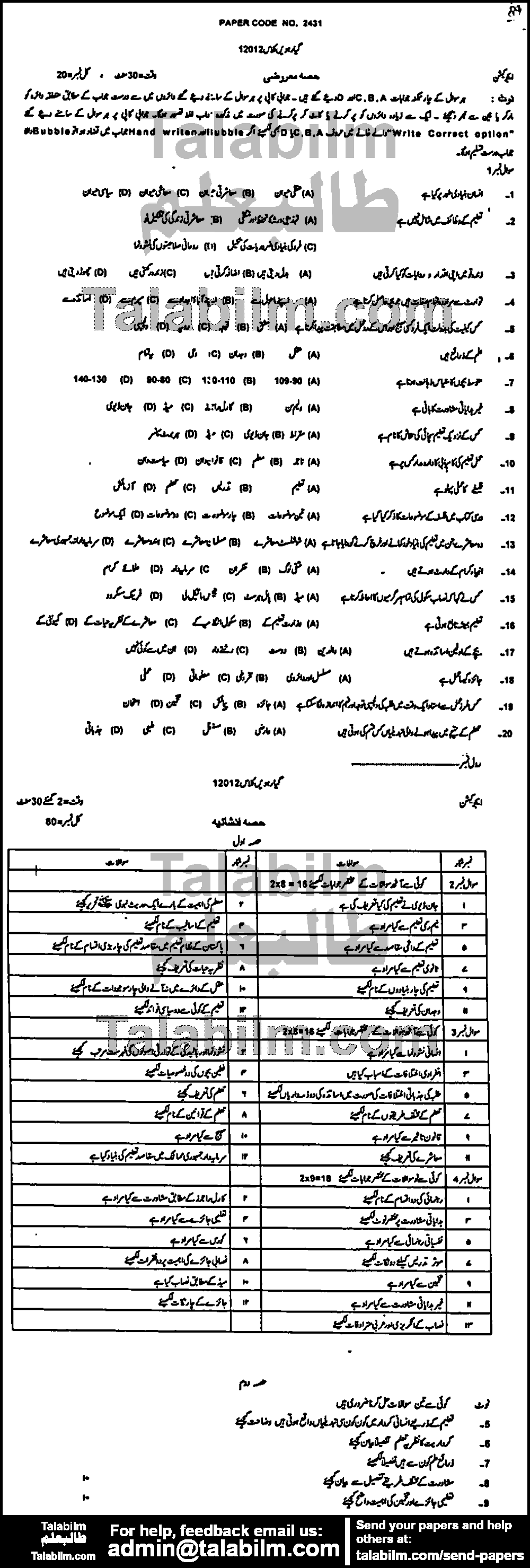 Education 0 past paper for Group-I 2012