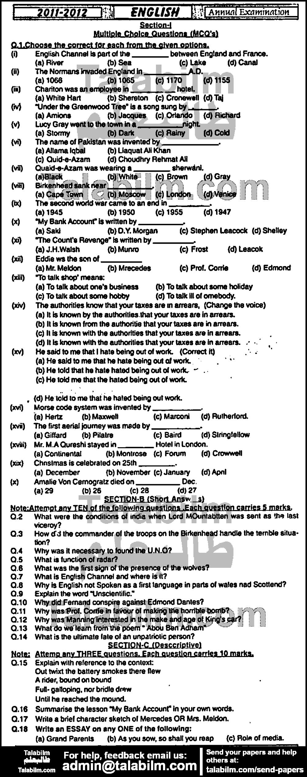 English 0 past paper for Group-I 2012