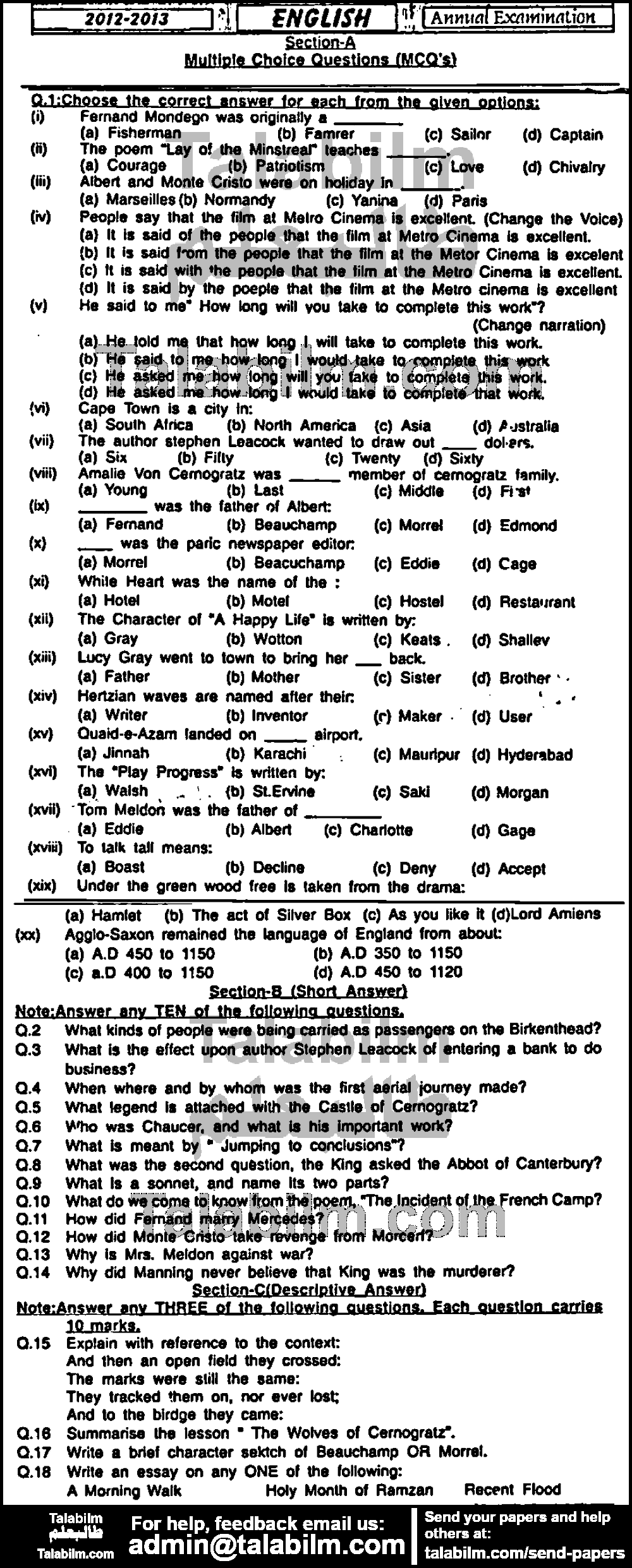 English 0 past paper for Group-I 2013