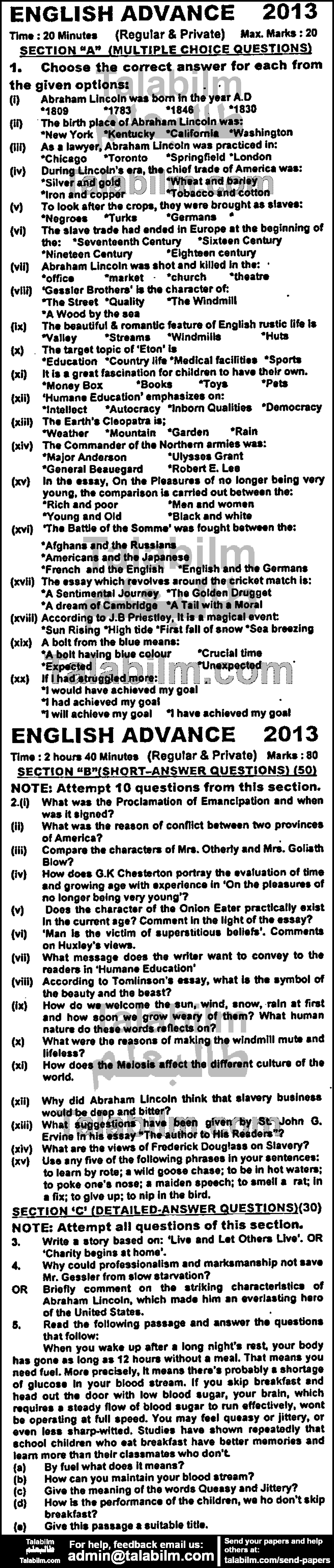 English 0 past paper for Group-I 2013