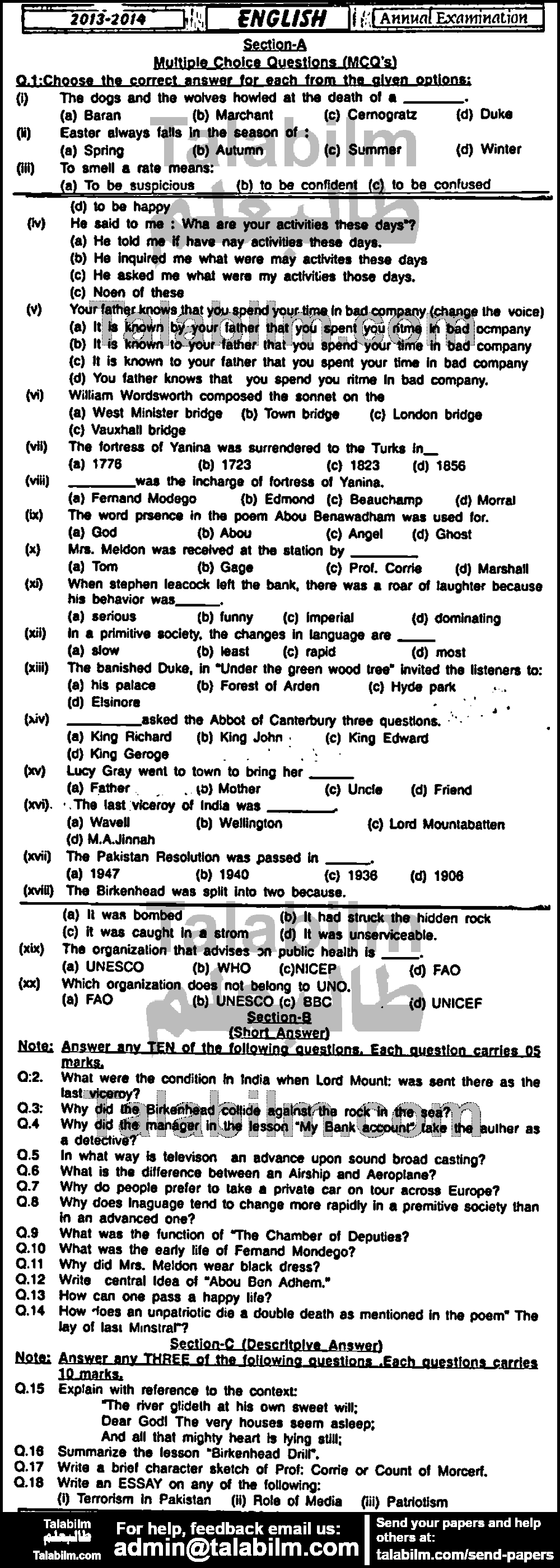 English 0 past paper for Group-I 2014