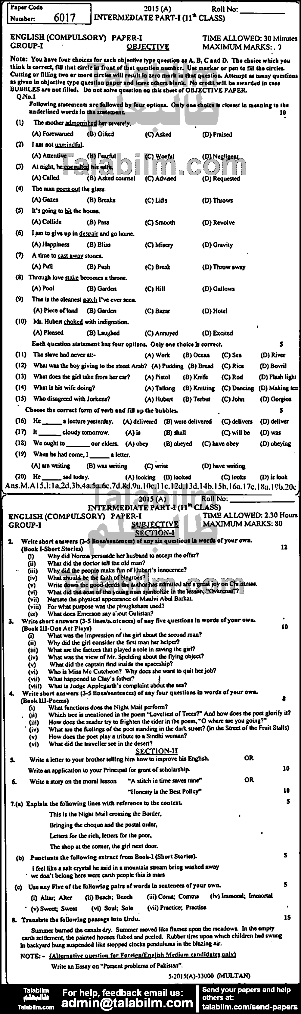 English 0 past paper for Group-I 2015