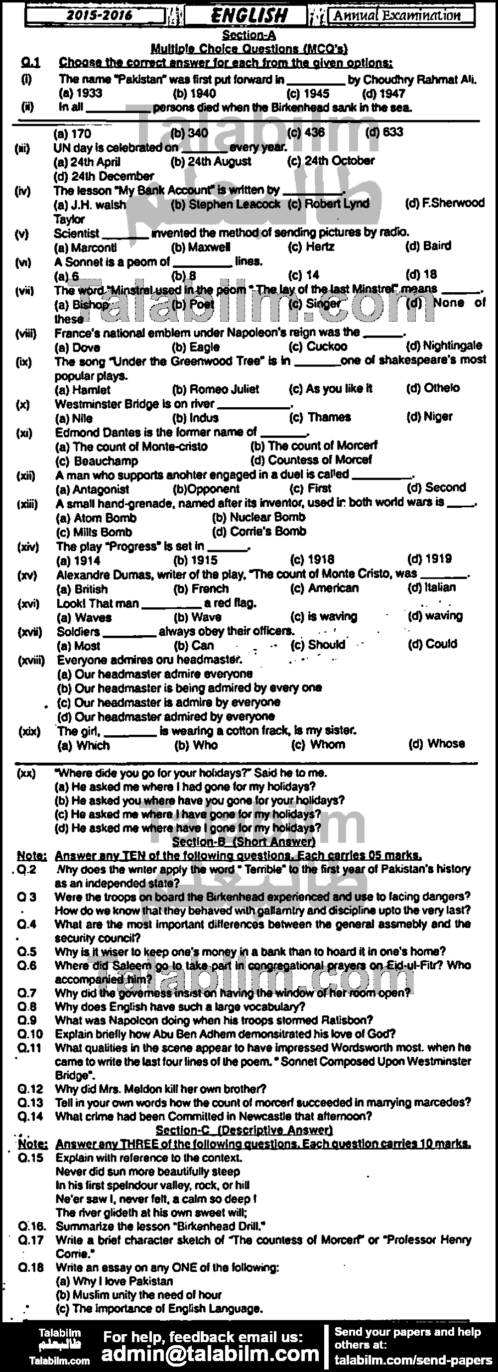 English 0 past paper for Group-I 2016