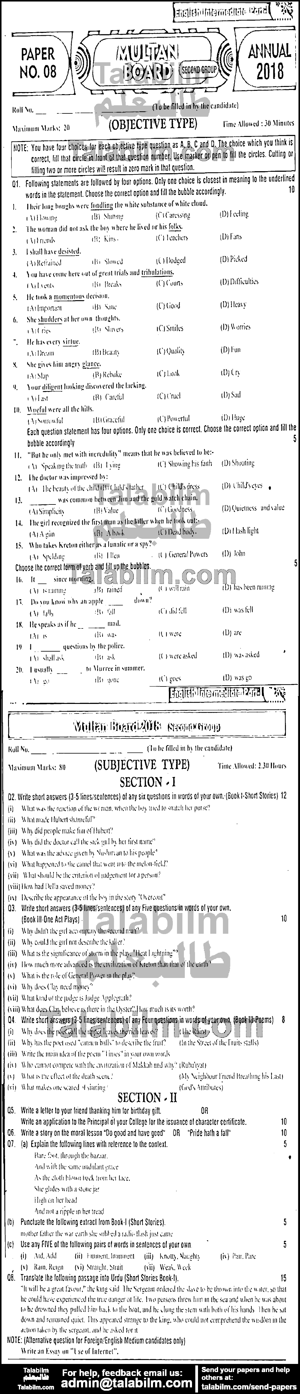 English 0 past paper for Group-II 2018