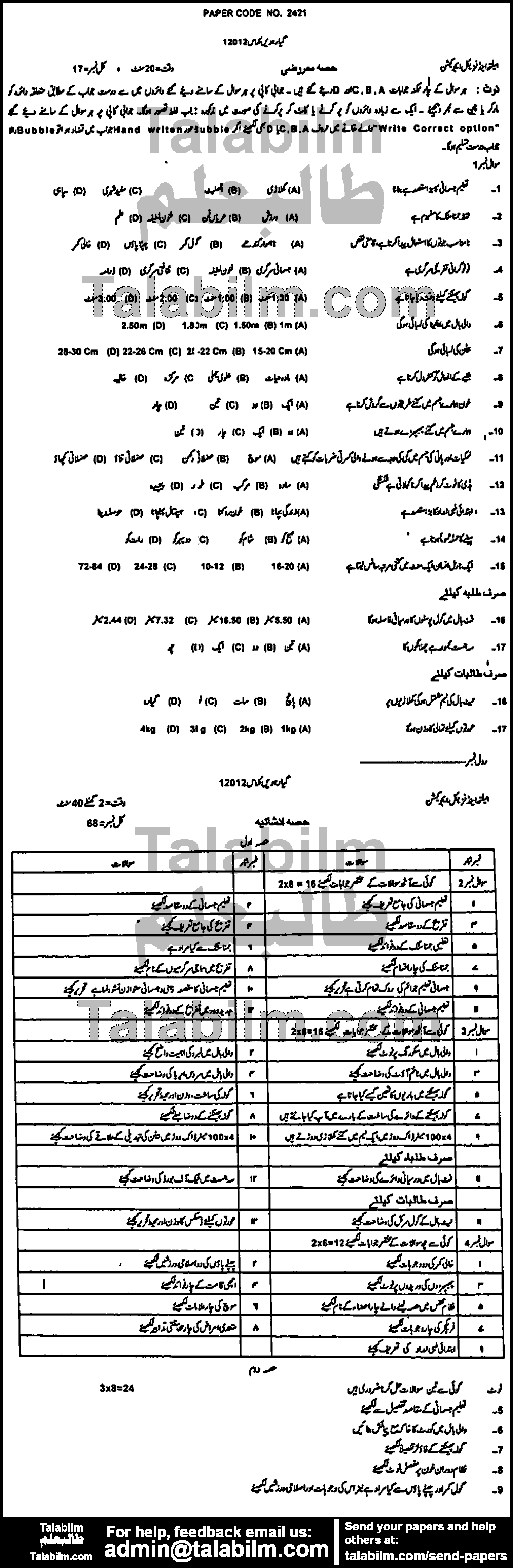 Health And Physical Education 0 past paper for Group-I 2012