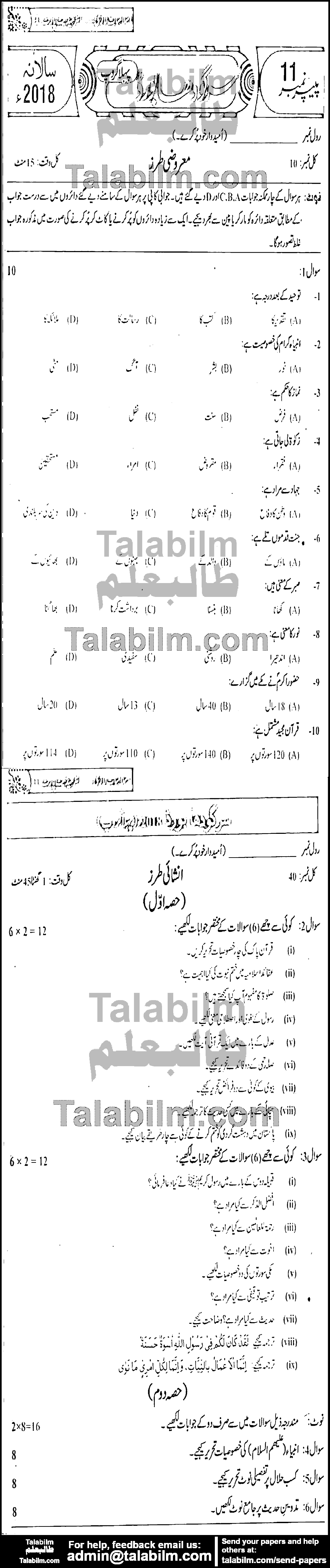 Islamiat Compulsory 0 past paper for Group-I 2018