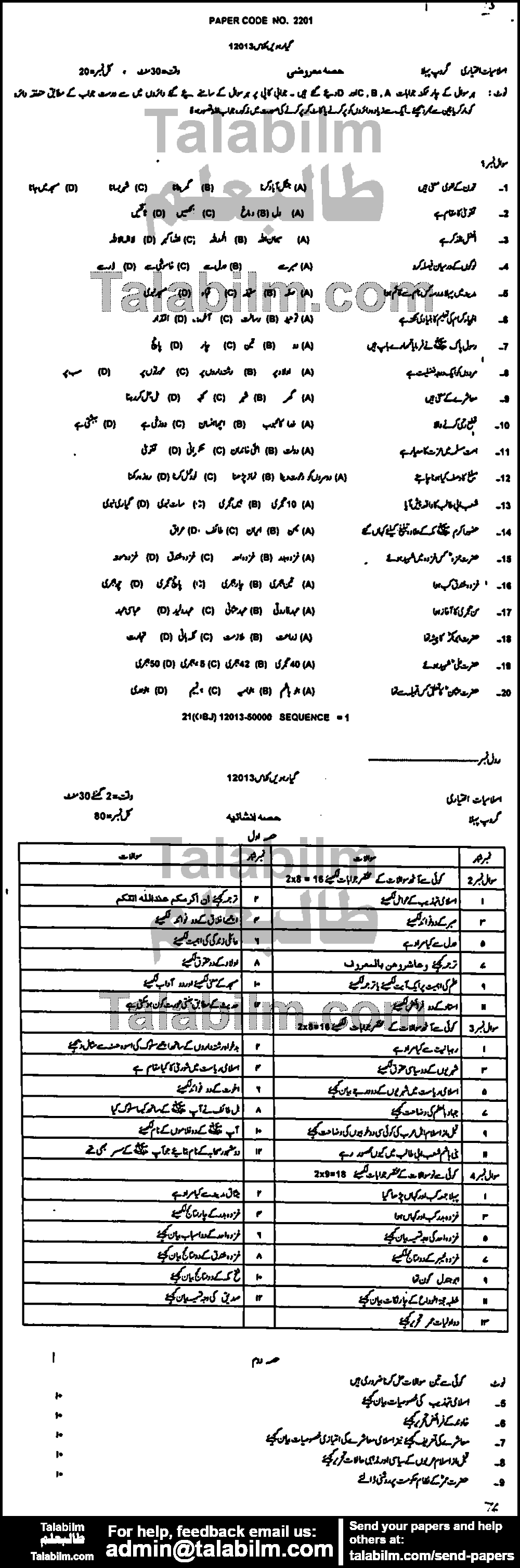 Islamiat Elective 0 past paper for Group-I 2013