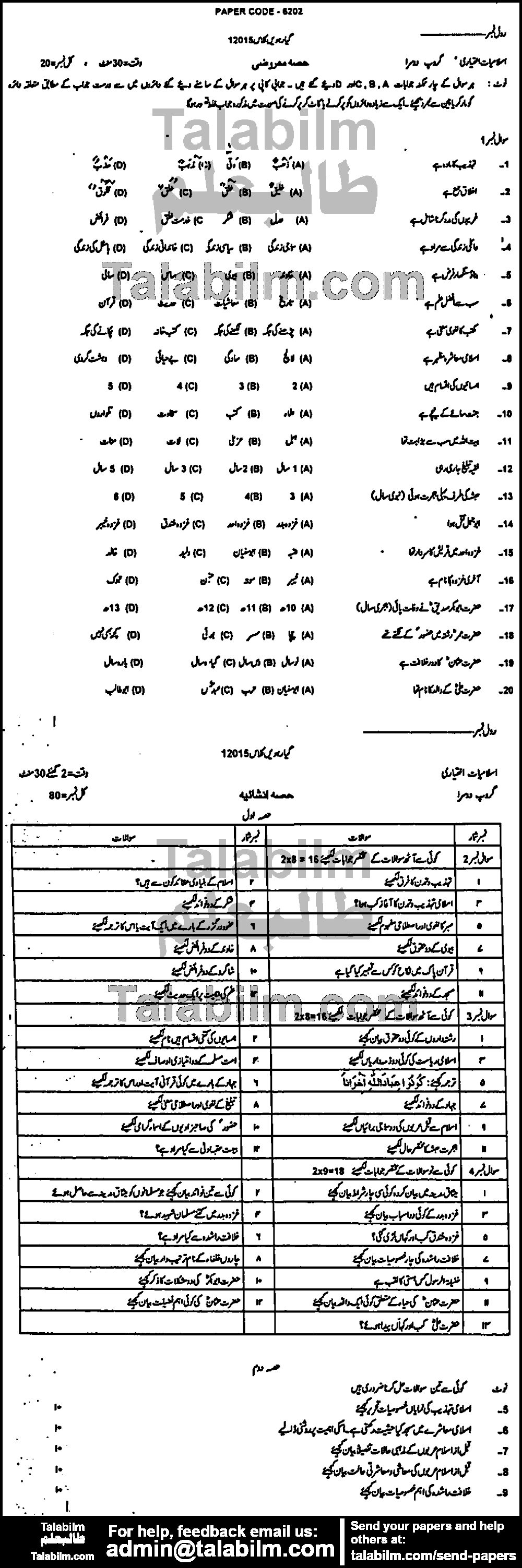 Islamiat Elective 0 past paper for Group-II 2015