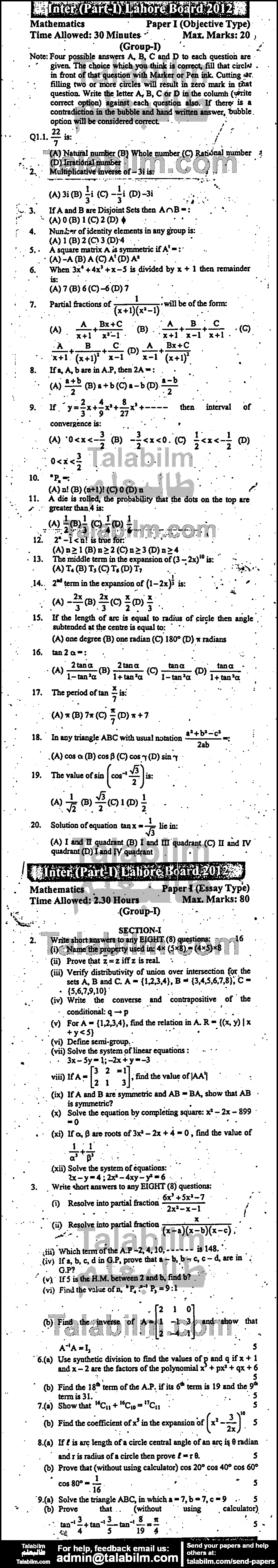 Math 0 past paper for Group-I 2012