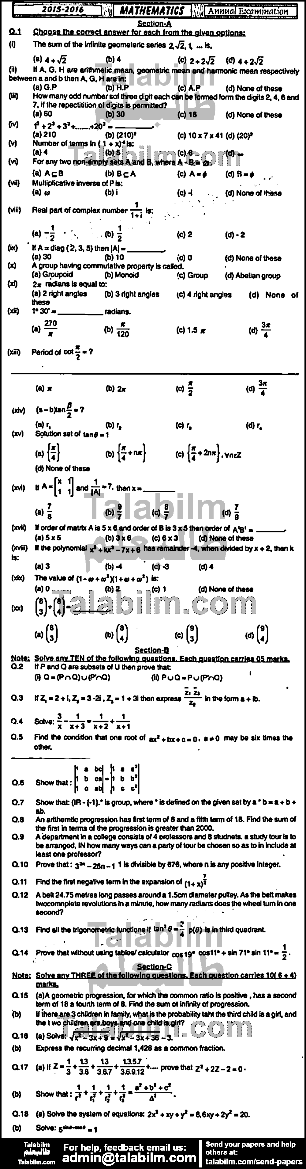 Math 0 past paper for Group-I 2016